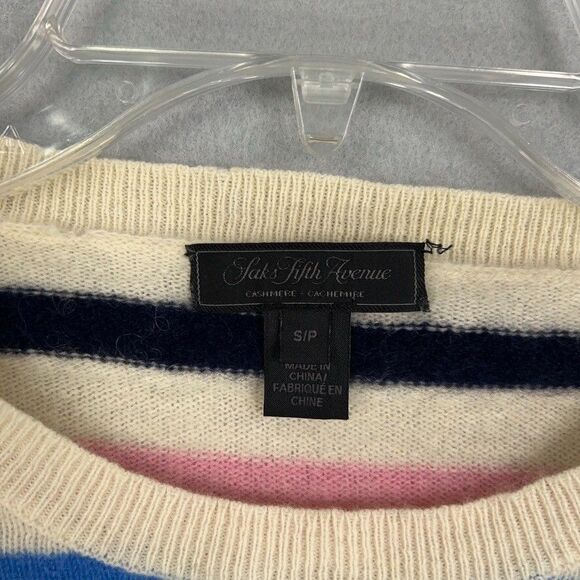 Saks Fifth Avenue Sweater Womens Small Cream Pink Blue Striped Cashmere Luxury - Picture 9 of 13